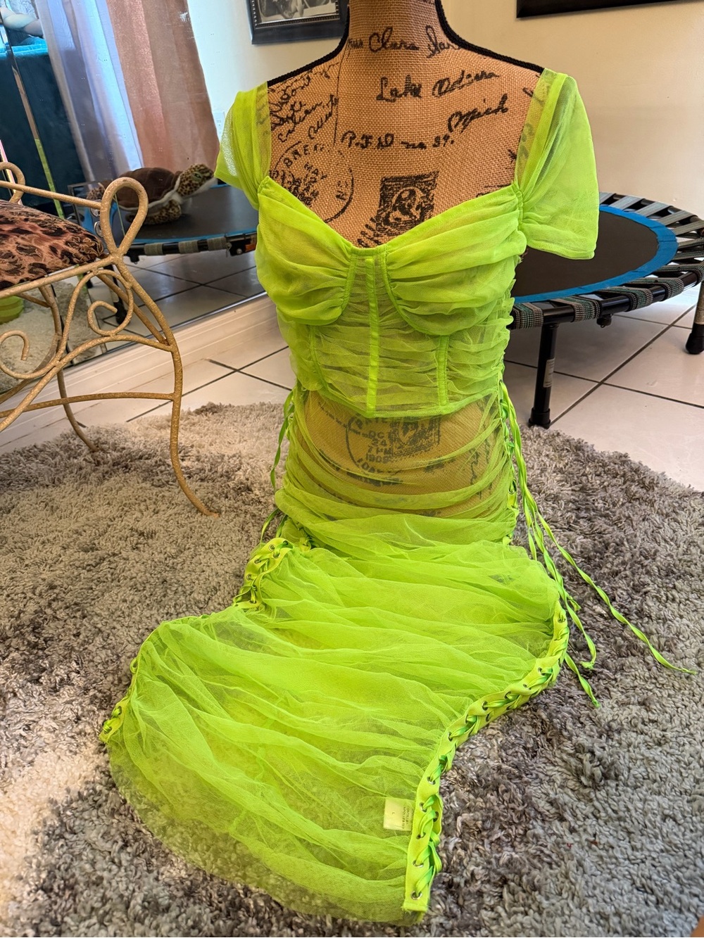 Neon Lime Sheer Ruched Maxi Dress with Lace-Up Sides